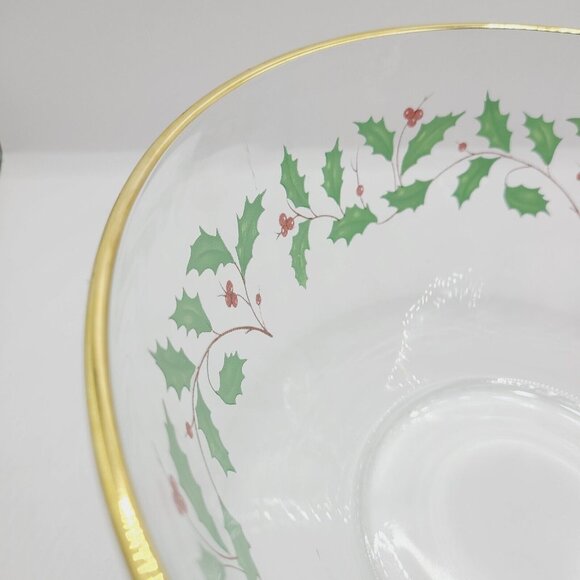 Lenox Arcoroc Christmas Holly Berry 9” Clear Glass Serving Bowl with Gold Trim - Picture 4 of 11